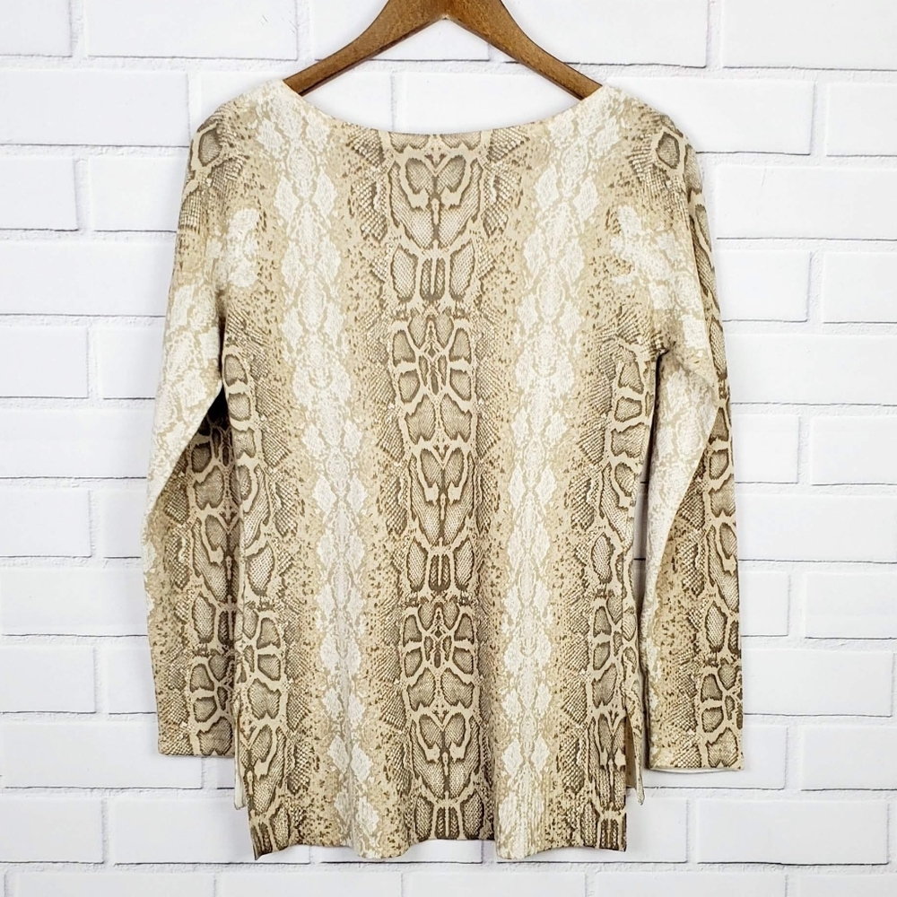 Womens Long Sleeve Snake Skin Blouse Top High-Low Hem Size Small S Beige - Picture 2 of 8